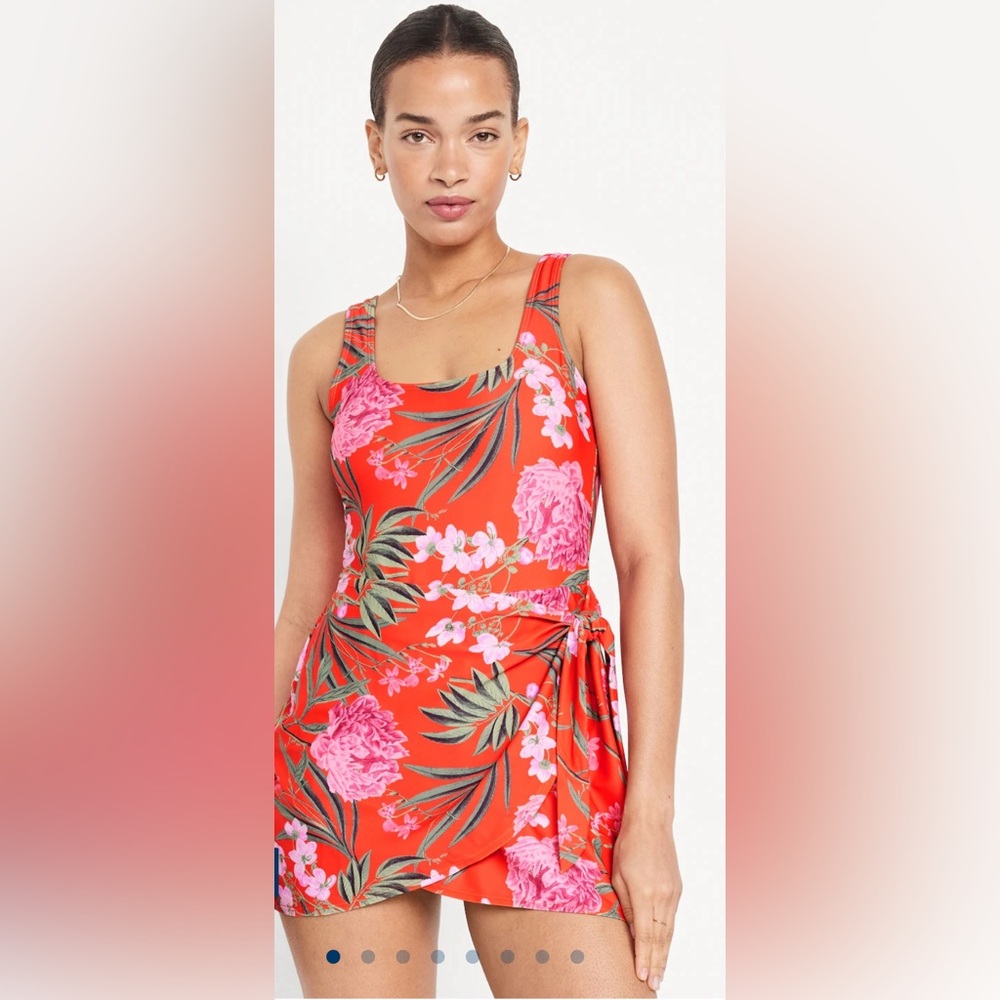 Old Navy orange tropical side tie swim dress sz S